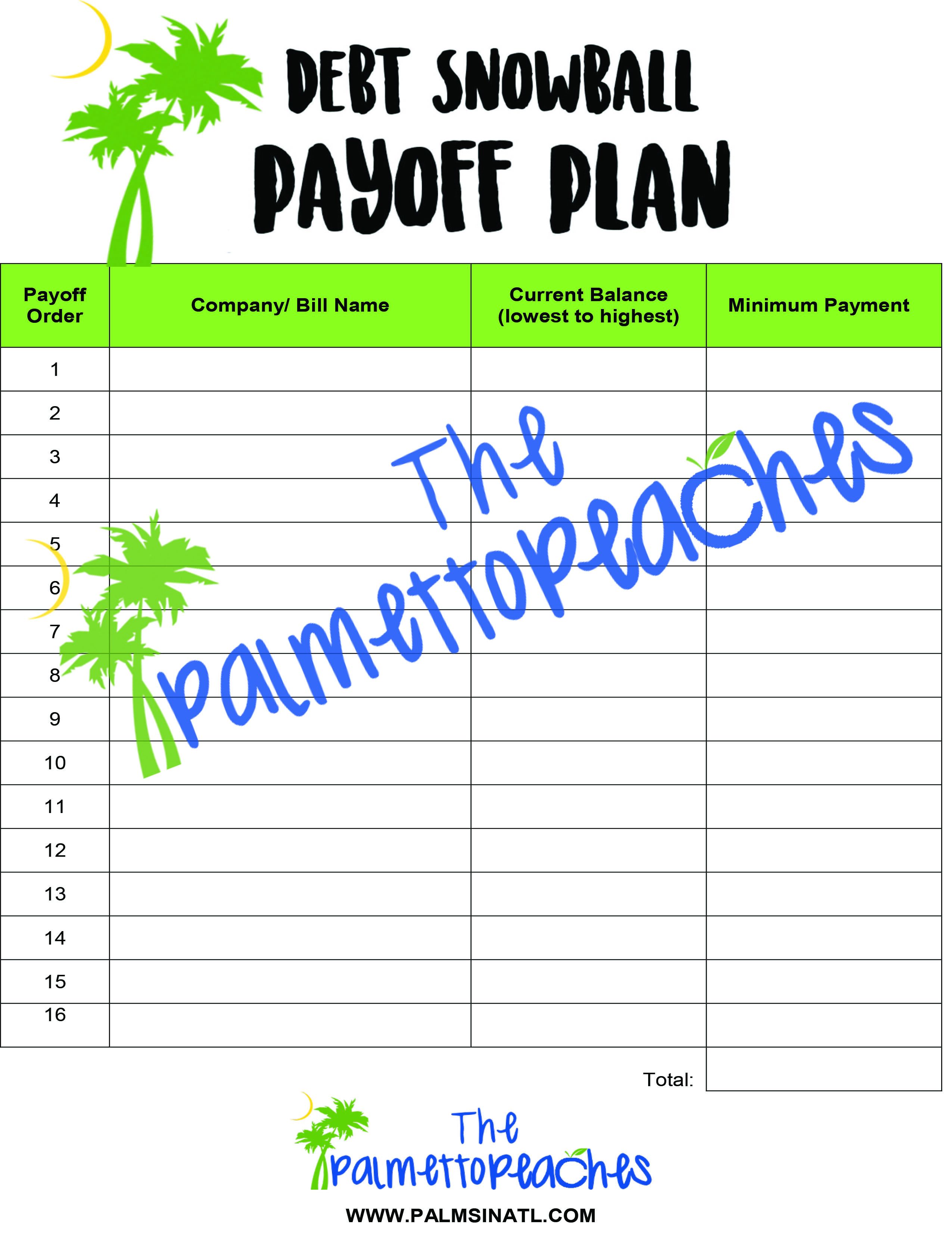 Debt Snowball Payoff Plan - The Palmetto Peaches - palmsinatl.com